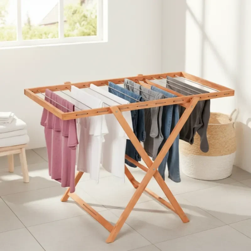 Seche a Linge Pliable en Bois Naturel