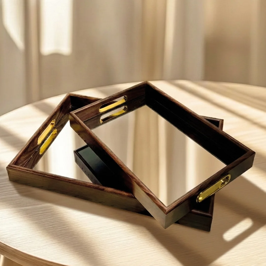 Set De 2 Plateaux En Bois Et Surface Mirroir